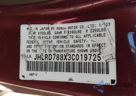 2003 Honda Cr-V Ex from USA, damaged, VIN JHLRD788X3C019725